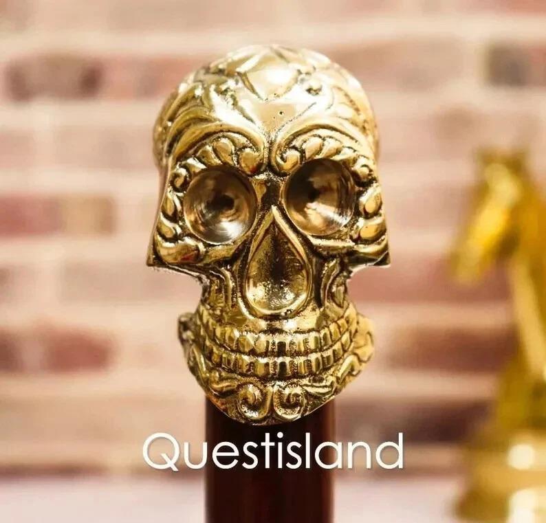 Skull Head Handle Brass Wooden Victorian Foldable Cane Collectible