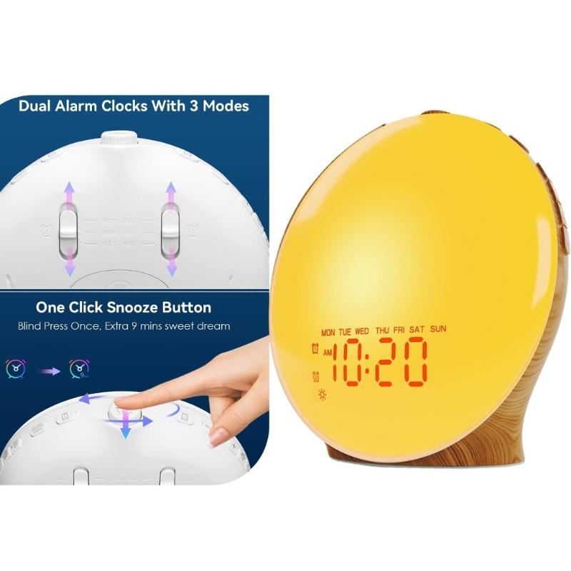 Sunrises Simulation Alarm Clock Wake Up Light with Adjustable Colorful Night Light Radio 2 Alarms Wood Grains Desk Clock