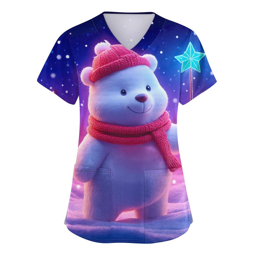Women's V-neck Christmas printed short-sleeved pocket side-slit protective suit top