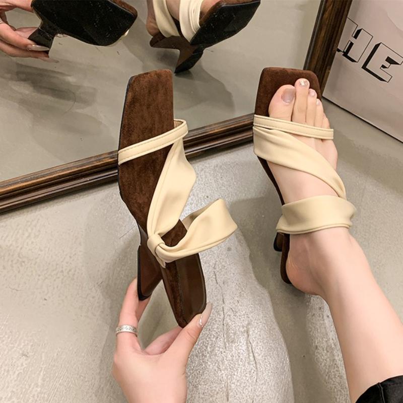 Fashion 2025 New Fashion Square Head Open Toe Summer Slippers Elegant Bow Designer Opposite Heel Dress Party Slippers Zapatillas Mujer