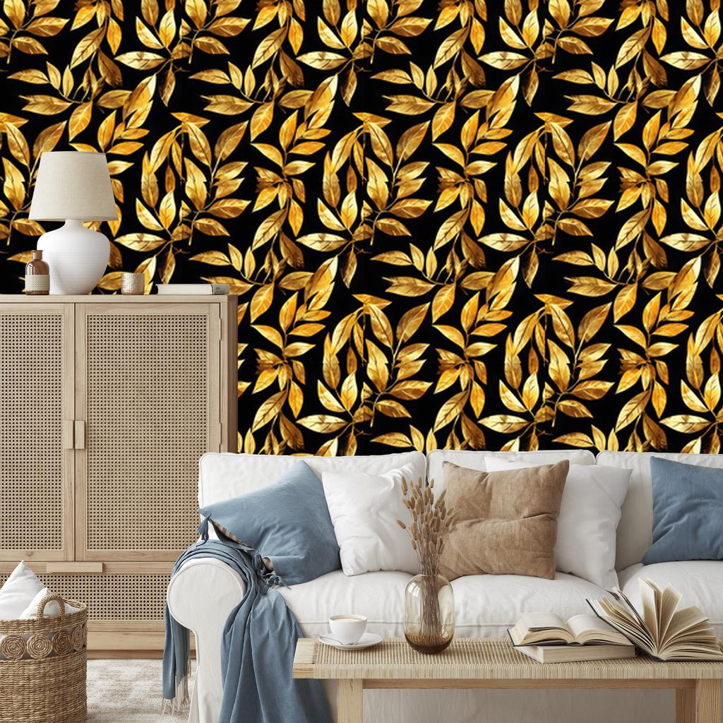 Wallpaper Flowers and Leaves Gold and Black for Living Room and Bedroom 50x1000