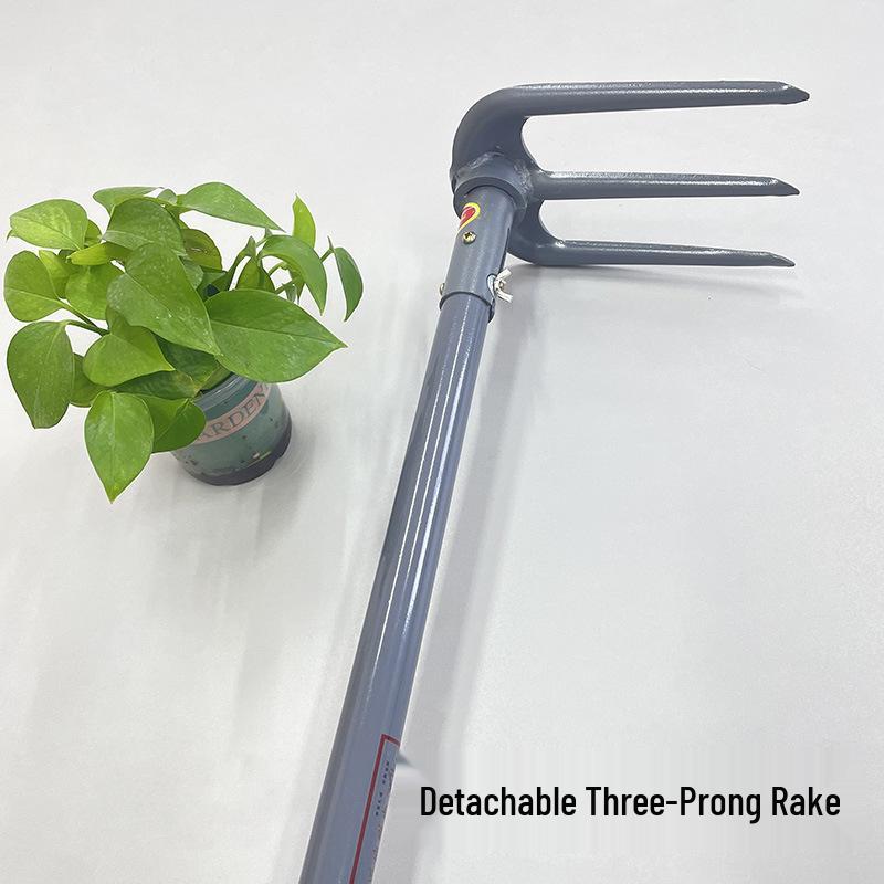 Three-Tined Hoe and Rake: Long-Handled Garden Tool for Soil Cultivation and Planting