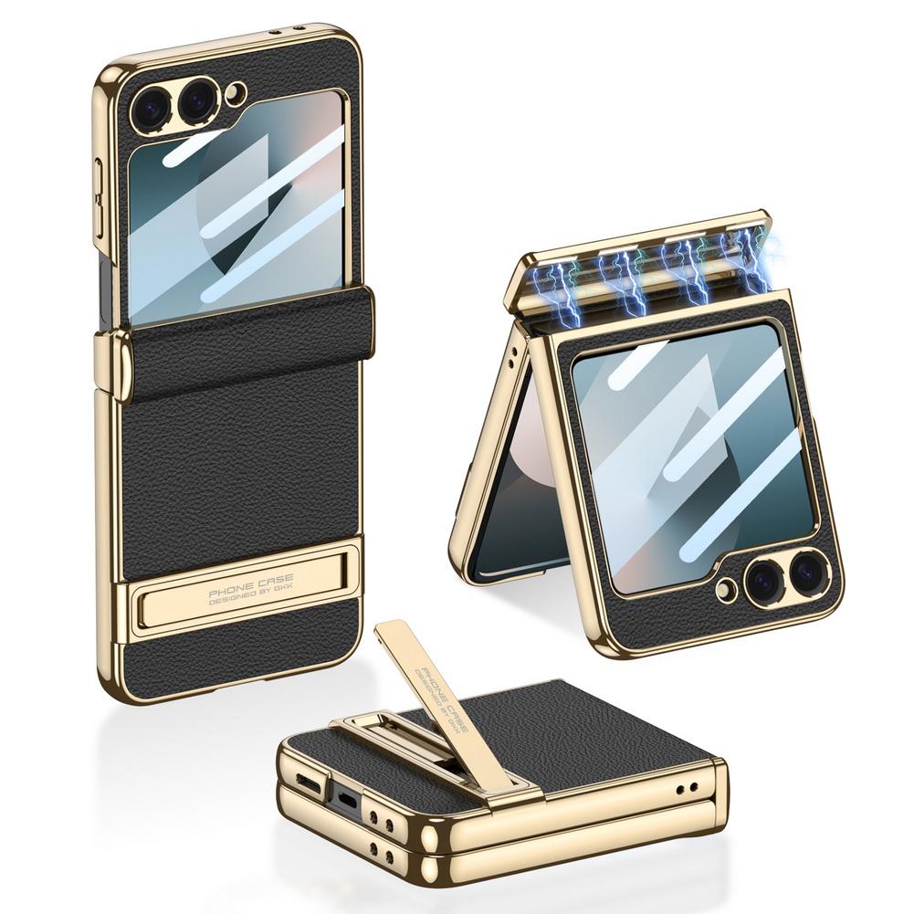 

Простая кожаная рамка с покрытием, держатель, чехол для Samsung Z Galaxy Flip 7 FE 6 5 5G со стеклянной защитной пленкой, защитная крышка For Galaxy Z Flip 5 чёрный