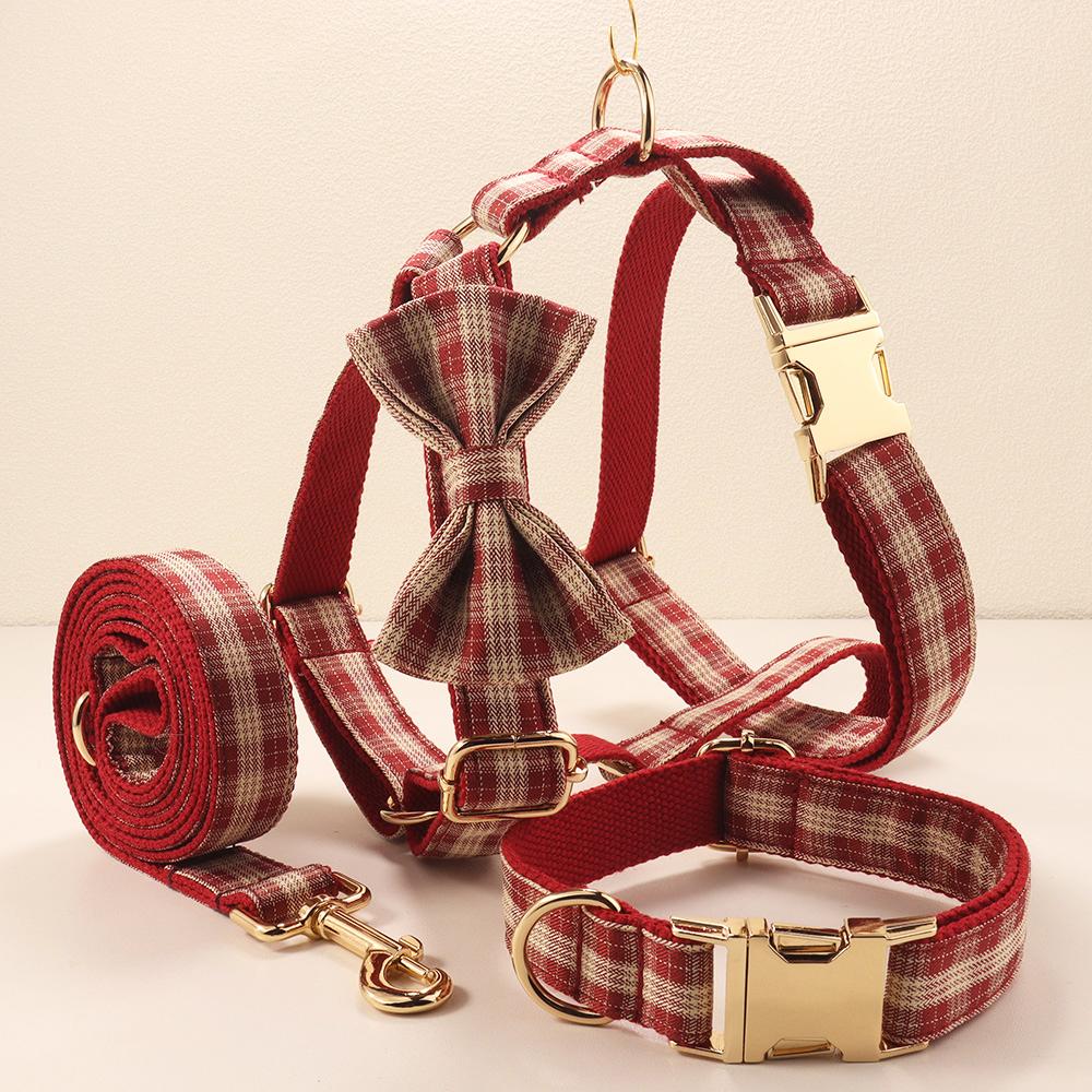 Plaid Pet Walking Harness Set with Bow Design, Adjustable Vest Collar Leash Kit for Small Dogs
