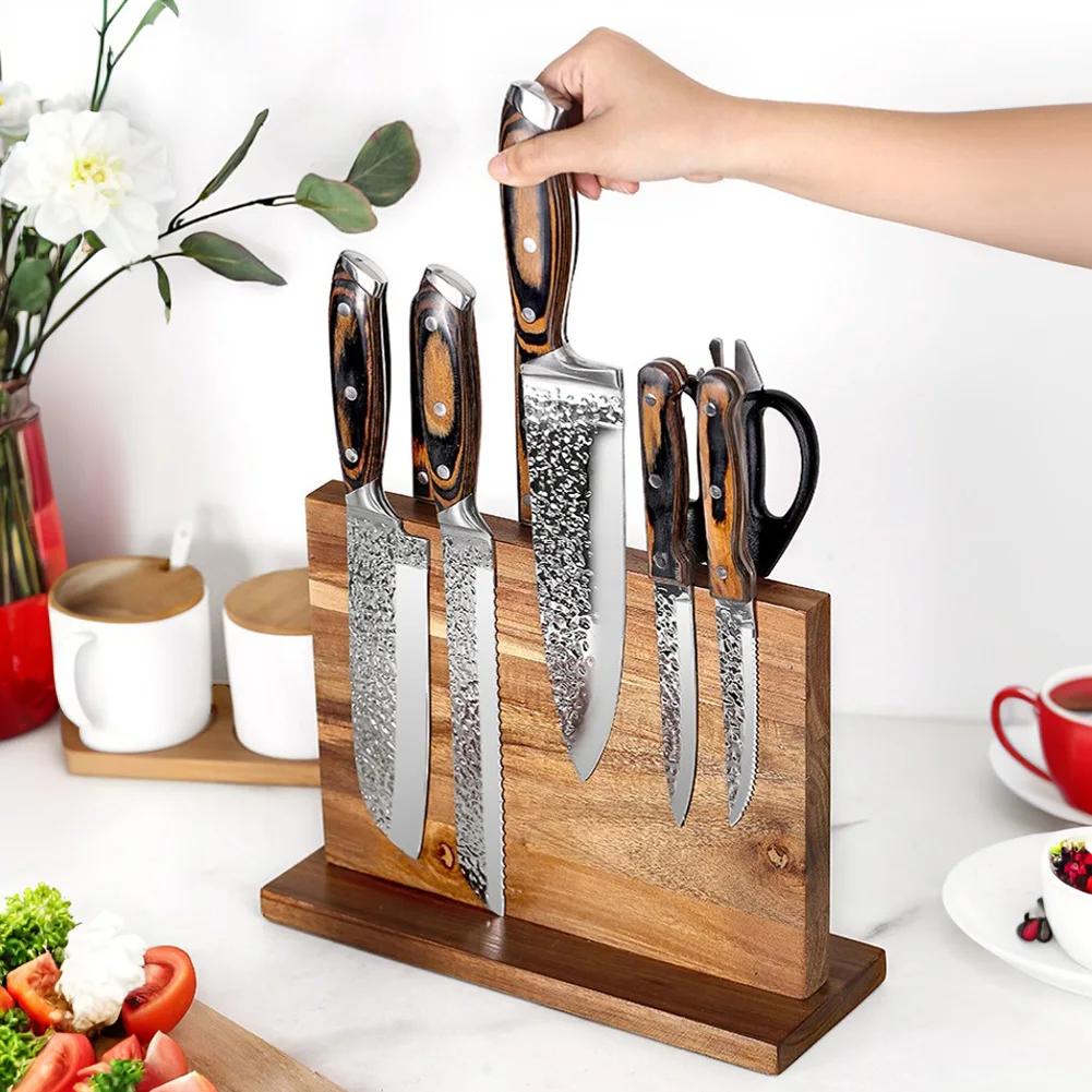 Double Side Magnetic Knife Holder Acacia Wood Universal Knife Holder Home Knife Cutlery Storage Rack Kitchen Counter Organizer