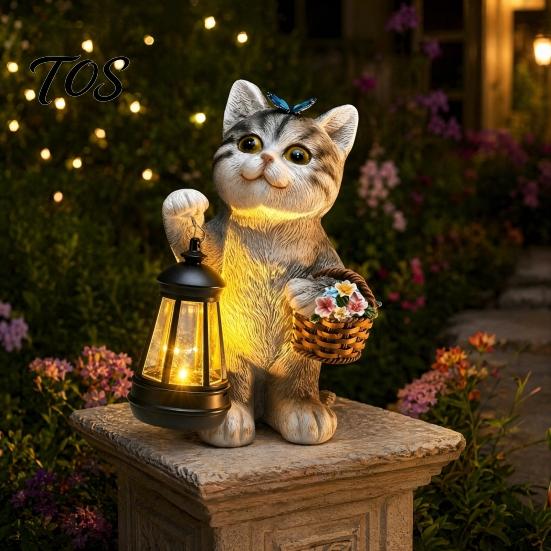 Mother Day Solar Gift Cat Garden Statue, Resin Outdoor Tabby Decor with Auto LED Decorative Lighting Light, IP65 Waterproof Lawn Ornament for