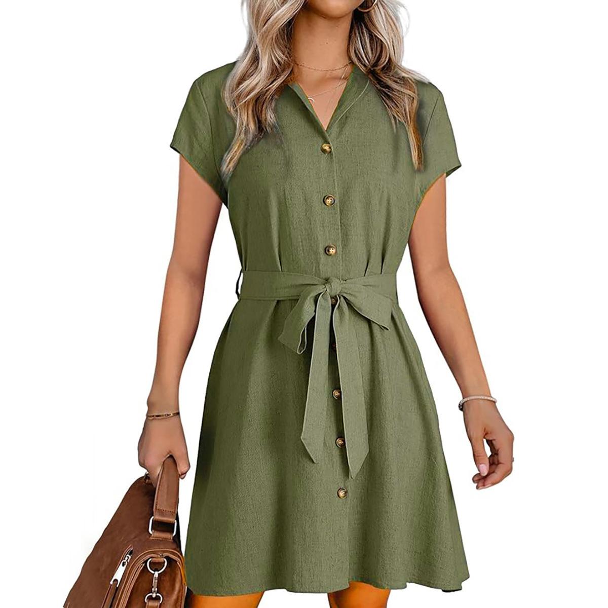

Летнее повседневное платье-рубашка с пряжкой и коротким рукавом, женское праздничное мини-платье с поясом 2XL зелёный