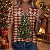 Women's Casual Christmas Printed V-Neck Short Sleeve Button T-Shirt