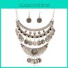 Antique Silver Coin Necklace With Multilayer Chain And Geometric Style