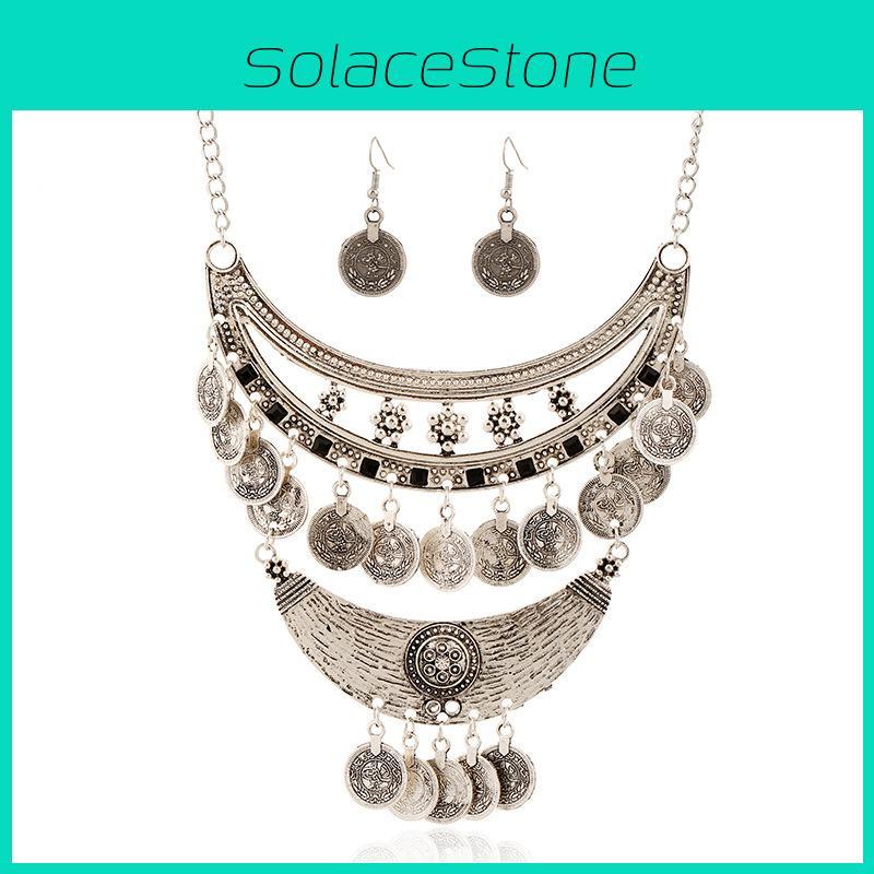 Antique Silver Coin Necklace With Multilayer Chain And Geometric Style