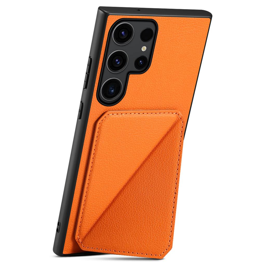 Etui na Samsunga Galaxy S25 Ultra z uchwytem na karty, podstawką, teksturą skóry cielęcej, PC+TPU, pokrowiec na telefon