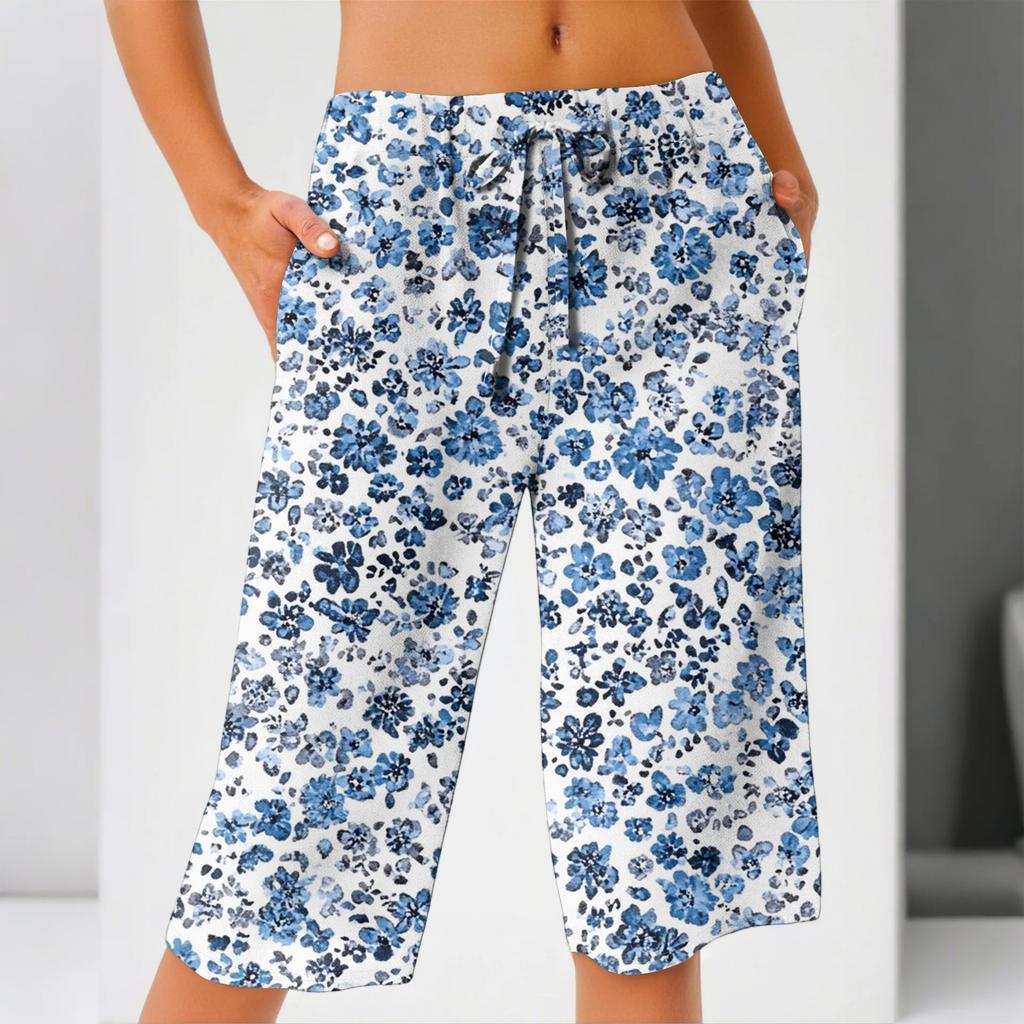 Damesommer Elastisk midje Trykte bomulls- og linsløse shorts