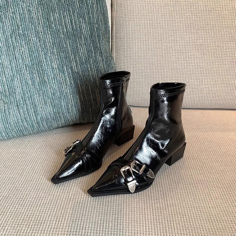 Super Královský! Fried Street Malé Krátké Kozačky Dámské 2025 Nové Sukně Černý Špičatý Podpatek Spona Pásku Lakovaná Kůže Skinny Kozačky