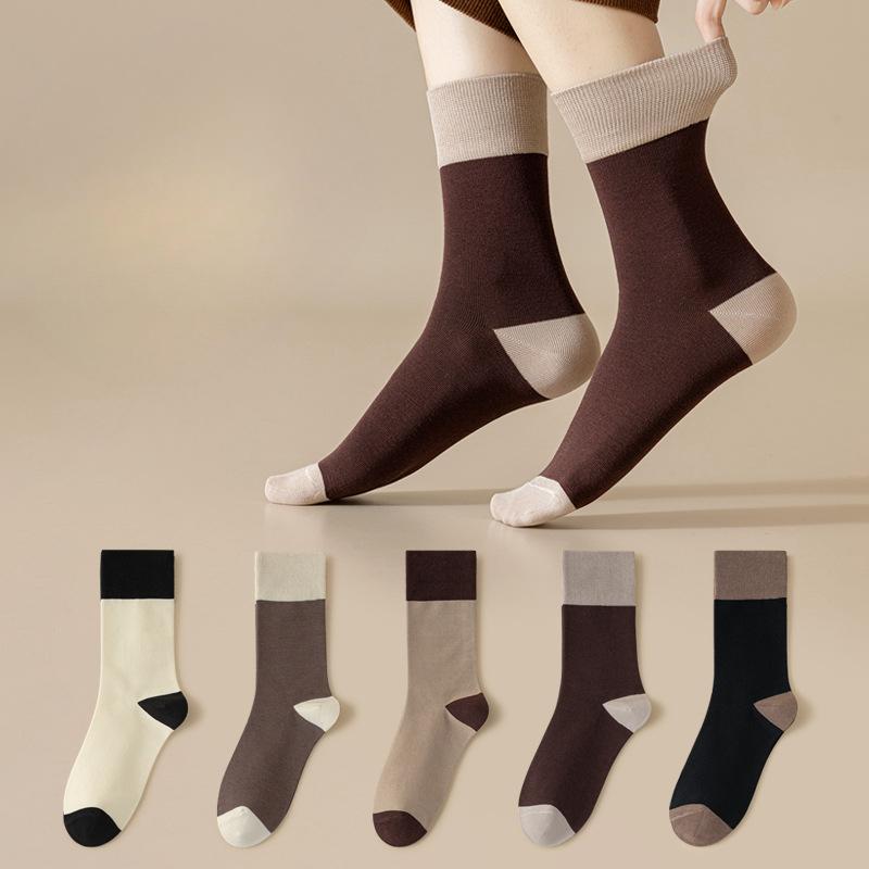 Women's Spring and Autumn Color-matched Comfortable Mid-calf Socks, Simple and Retro Casual Breathable Sports Socks, Cotton Socks