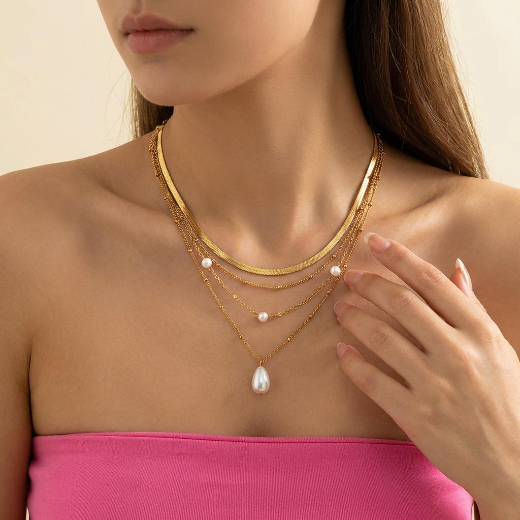 Shein Multilayer Snake Chain Pearl Pendant Necklace - French Style Accessories, Vacuum Electroplated, In Stock
