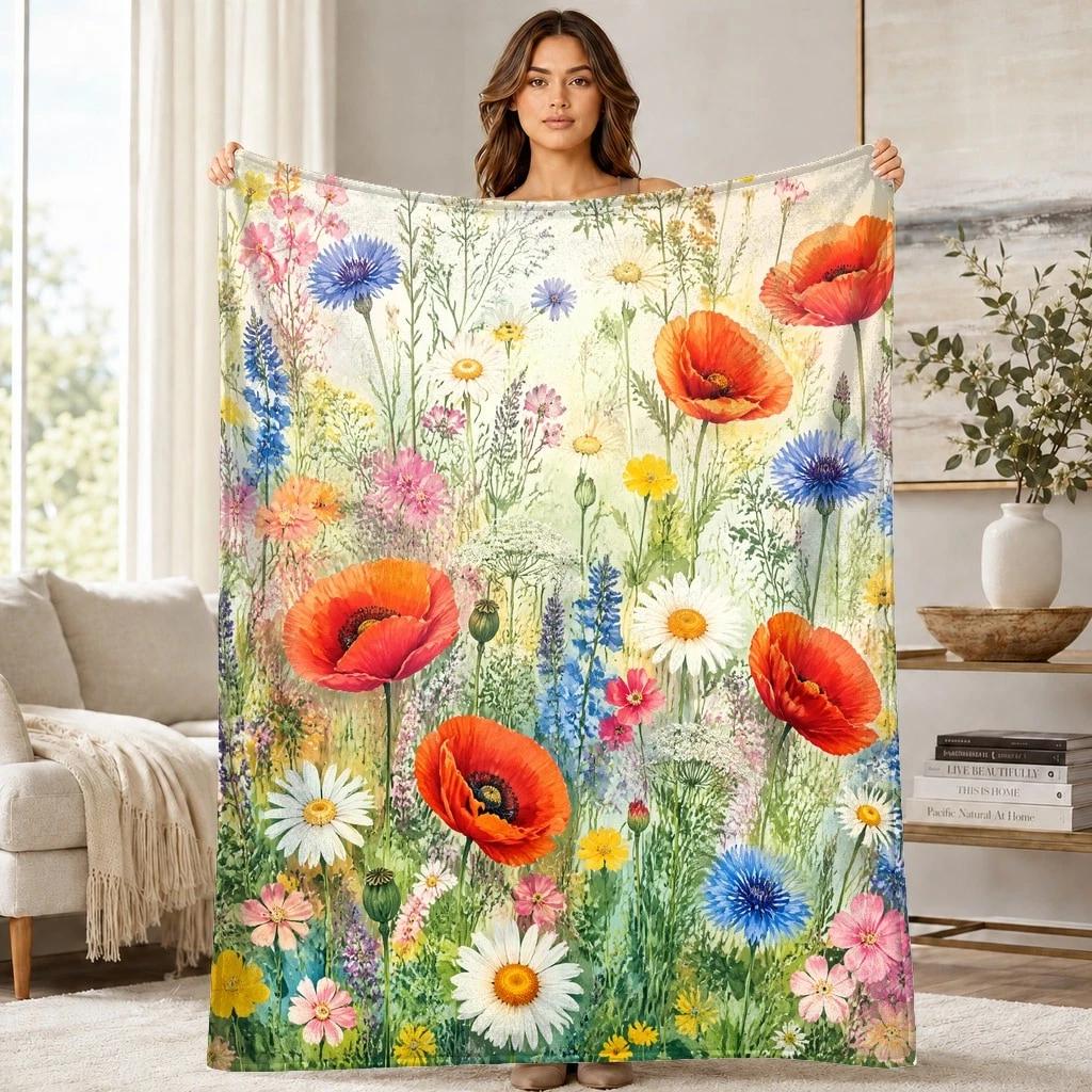 Watercolor Wildflower Meadow Coral Fleece Blanket Floral Decor