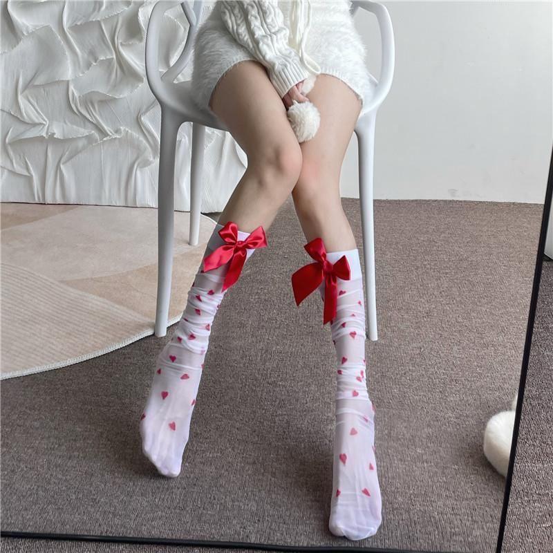 Mu Ruan Christmas Sweetheart Love Pattern Red Bow Knee-High Stockings