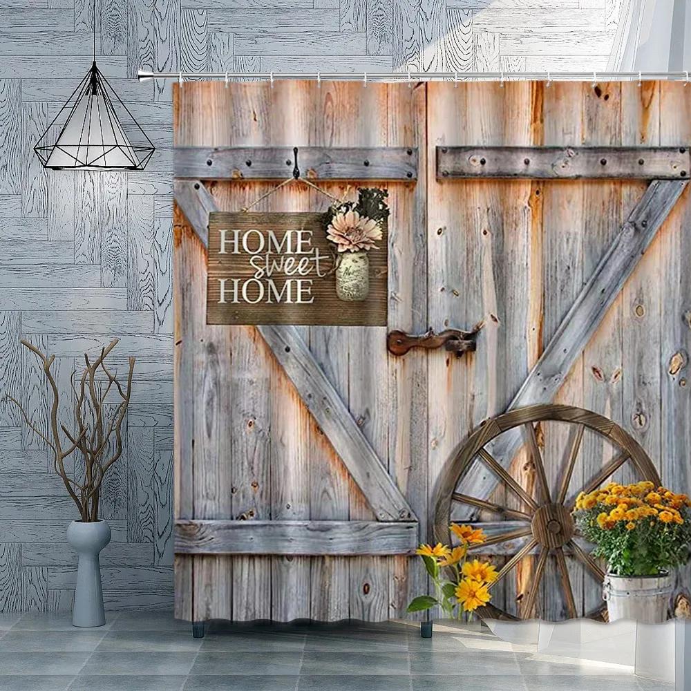 Old Wooden Door Shower Curtain Farm Barn Door Rural FarmHouse Decoration Polyester Fabric Bath Curtain Bathroom Accessories Set