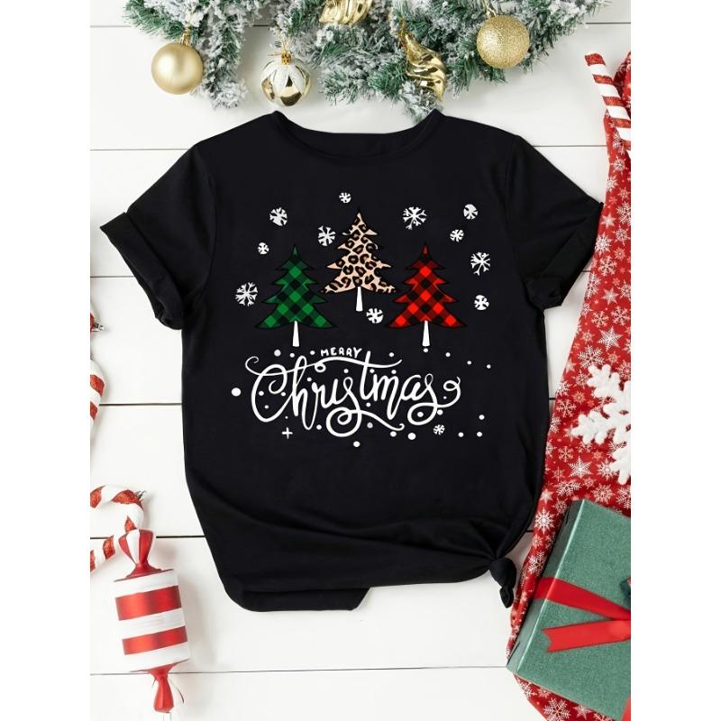 Camiseta Estampa Árvore de Natal Feminina Manga Curta Gola Redonda Top para Verão Roupas Femininas Harajuku Manga Curta Casual