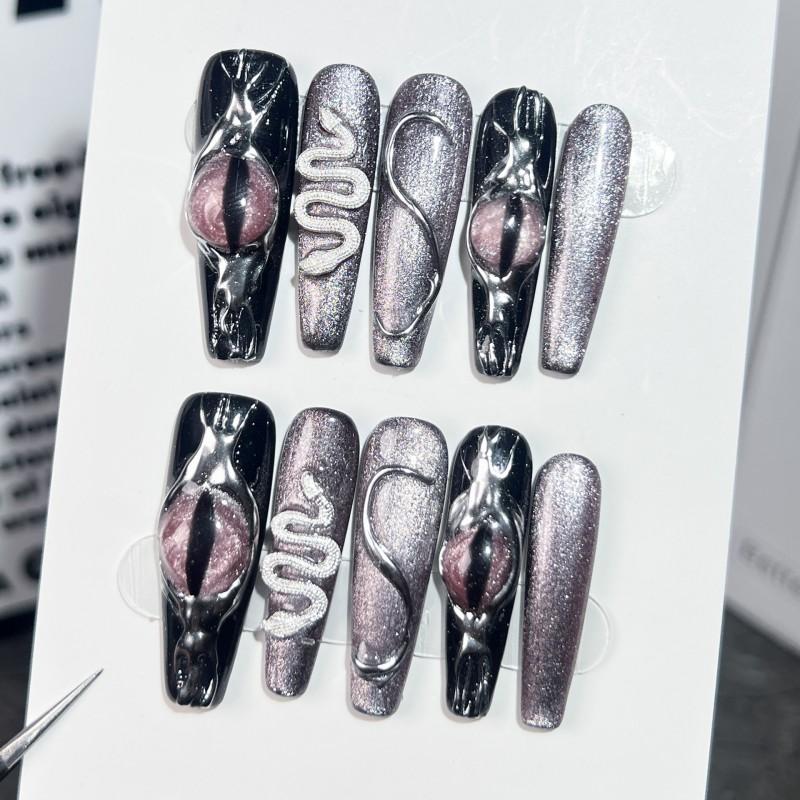 3D Embossed Medusa Eye Nail Art Tips Pink Glitter Long Wear Press-On Nails Women Trendy Edgy Style Extra Small