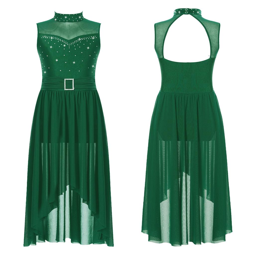 Girls Rhinestone Lyrical Modern Dance Dress Sleeveless Back Hollow High Low Hem Built In Briefs Dance Leotard Dress for Kids