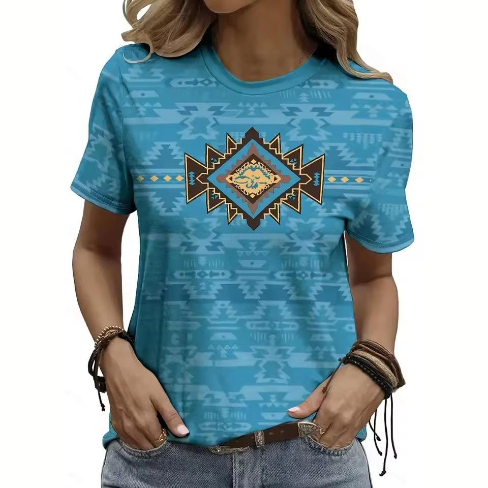 Summer Round Neck Retro Ethnic Style Pattern 3D Print Top Fashionable Casual Short Sleeved Women's T-shirts