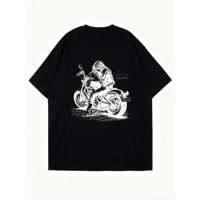 Black Oversized T Shirt With Motorcycle Girl Graphic Print For Casual Wear And Street Style