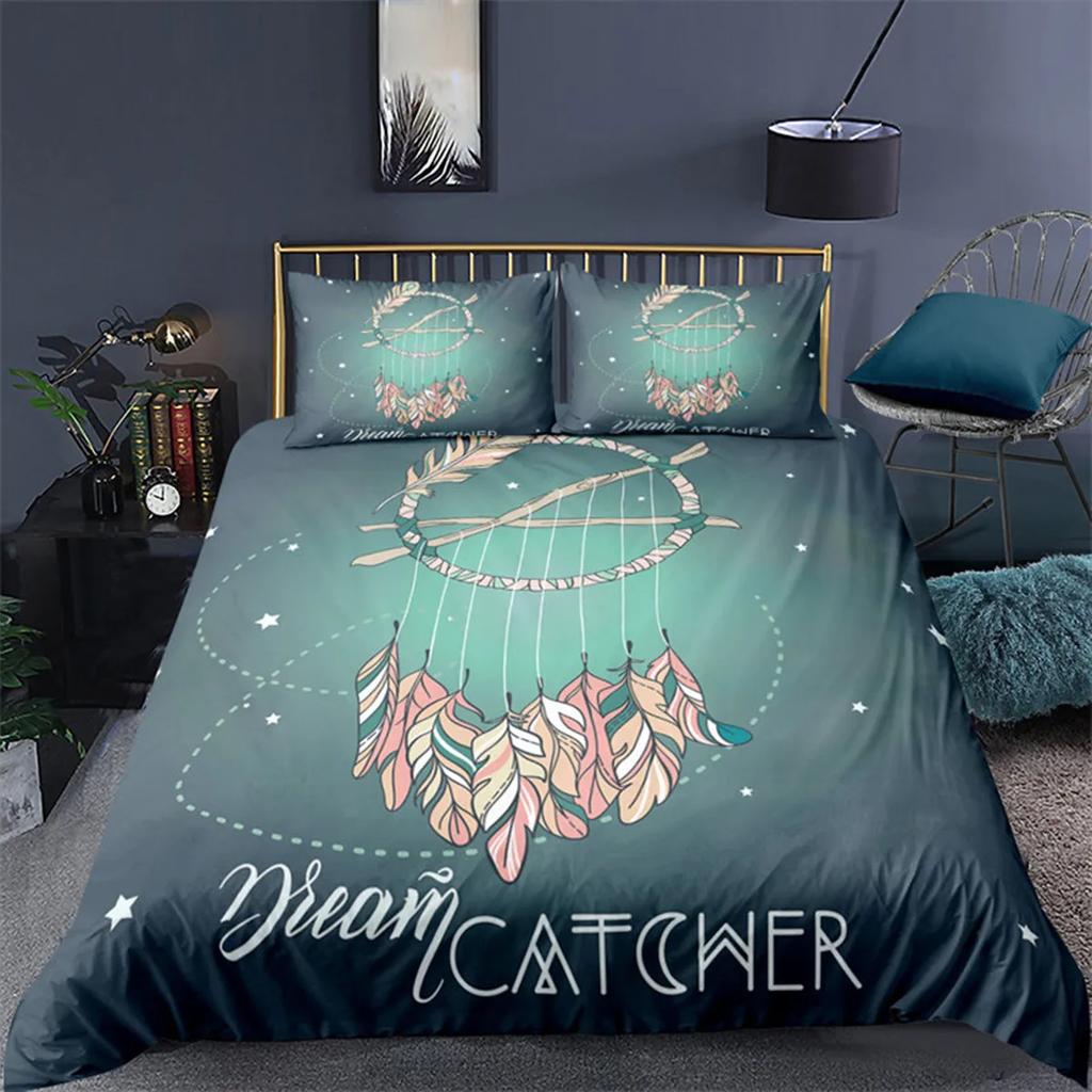 Dreamcatcher Bohemian Mandala Sun Moon and Feather Print Duvet Cover Microfiber Bedroom Decorations for Women Gifts Queen King