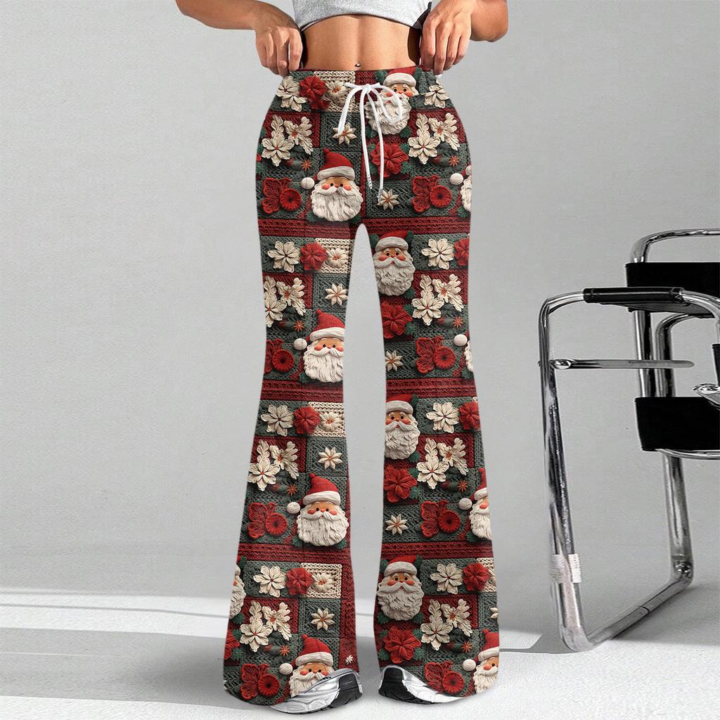 Women's Fashion Loose Drawstring Waist Christmas Printed Casual Sports Pants Casual Flared Pants