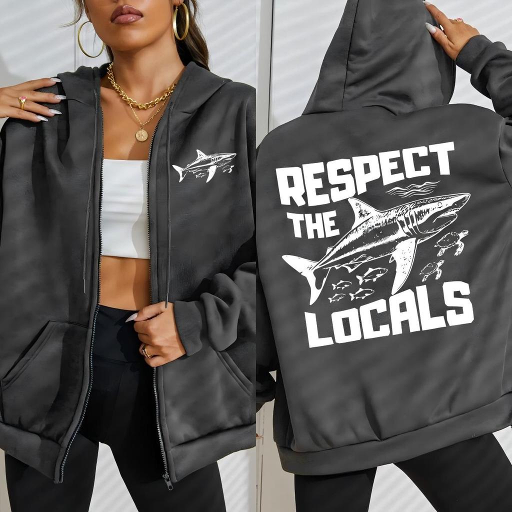 Respect The Local Ocean Shark Design Zipper Sportswears Women Fleece Hoodies Autumn Oversize Hoodie Streetwear