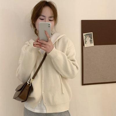 Koreański sweter solidny sweter z dzianiny z kapturem damski sweter na wiosnę i jesień kurtka luźny, swobodny szalowy sweter damski