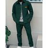 Men'sSpring and Autumn Waffle Pure Color Placket Pocket Jacket + Pants Set - A Casual Two-Piece Outfit