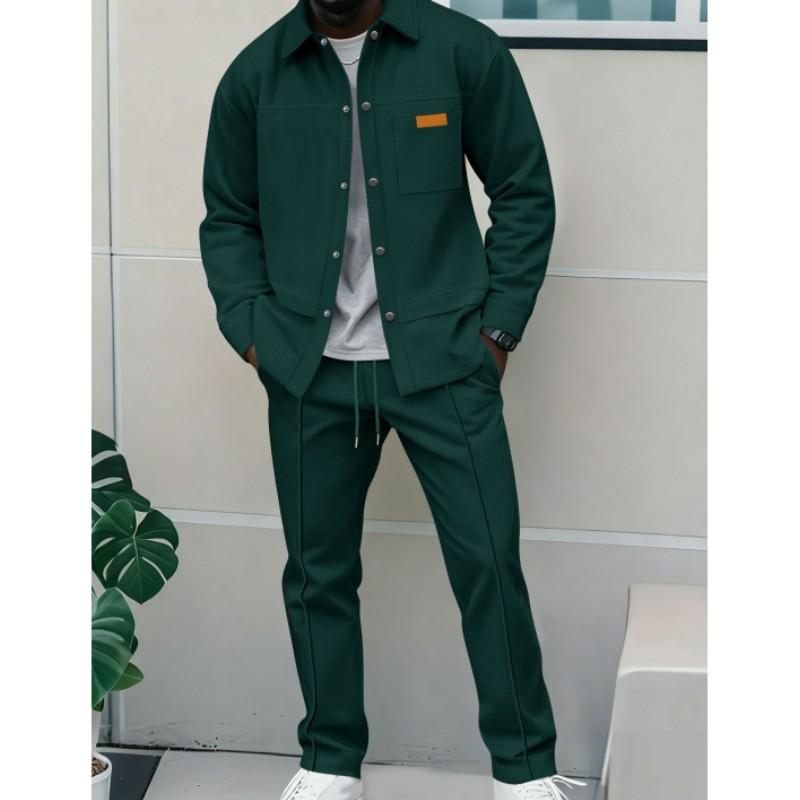 Men'sSpring and Autumn Waffle Pure Color Placket Pocket Jacket + Pants Set - A Casual Two-Piece Outfit