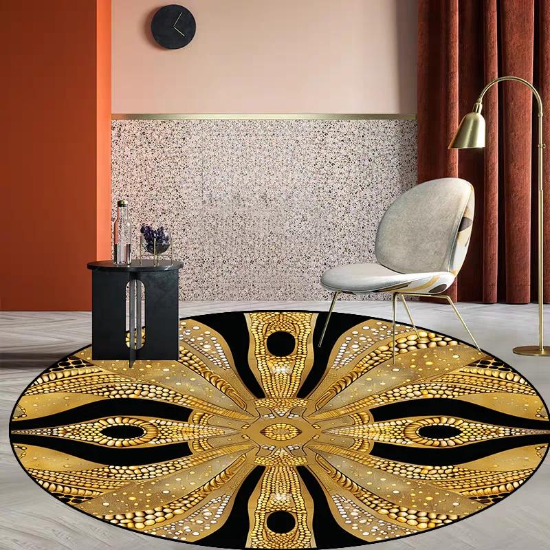 Modern Style Living Room Round Carpet Large Area Soft Non-slip Lounge Table Chair Mat Golden Luxury Rugs for Bedroom Bedside