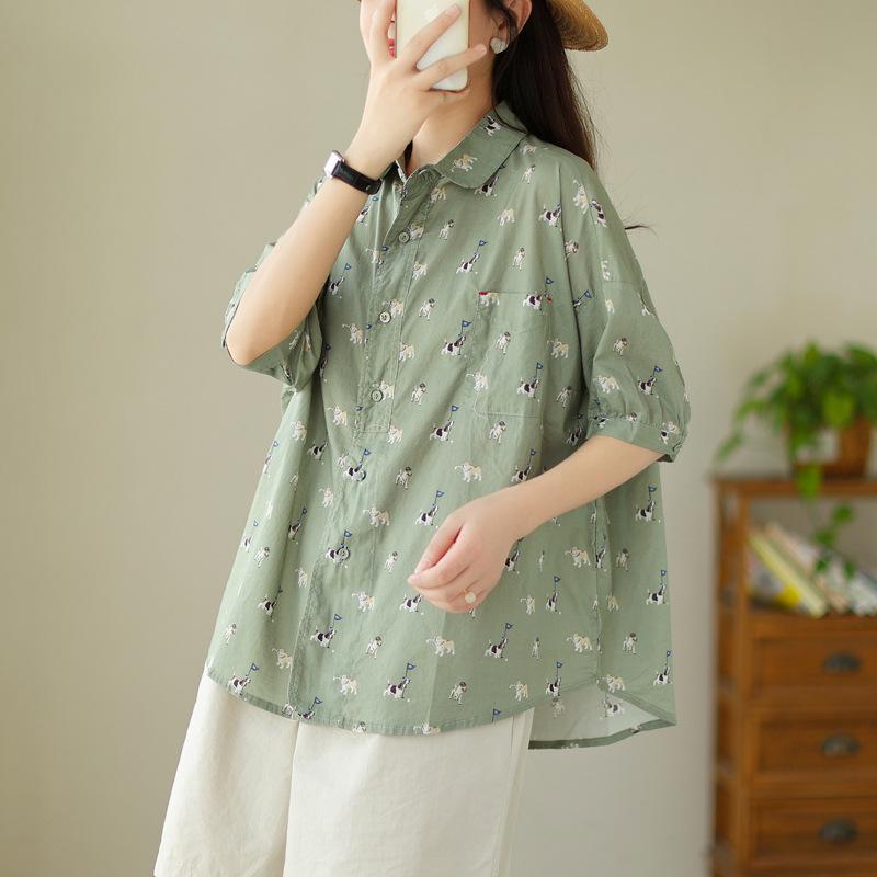 Japanese fashion puppy print short-sleeved shirt women's summer new loose and versatile niche design top