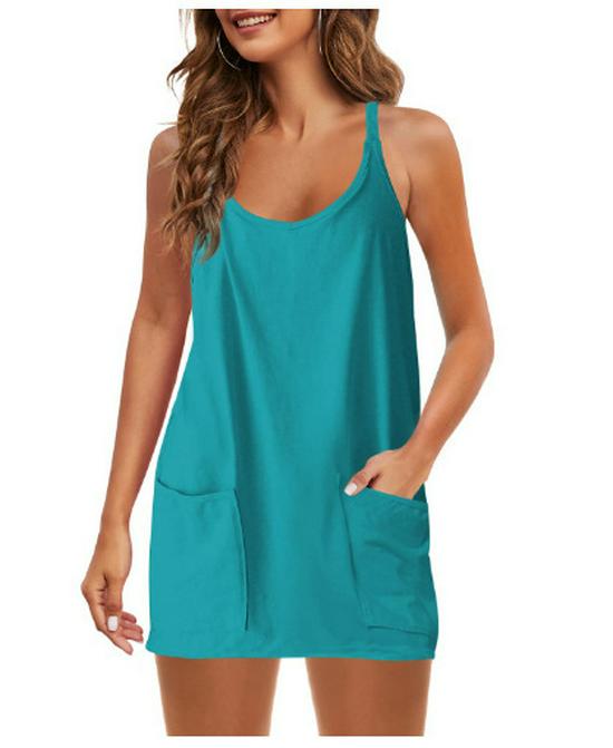 2025 Summer Sleeveless Solid Color Dress with Thin Straps & Pocket