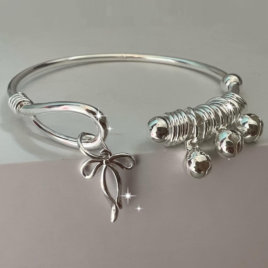 S999 Silver Bow-shaped Bracelet, Fashionable Open Bracelet, Adjustable Bracelet Suitable for Women, Anniversary, Valentine's Day, Mother's Day,
