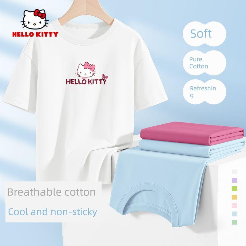 Hello Kitty Girls' White T-Shirt Children's Short-Sleeved Summer Wear Pure Cotton Simple Solid Color Top Breathable and Sweat-Absorbent Trendy