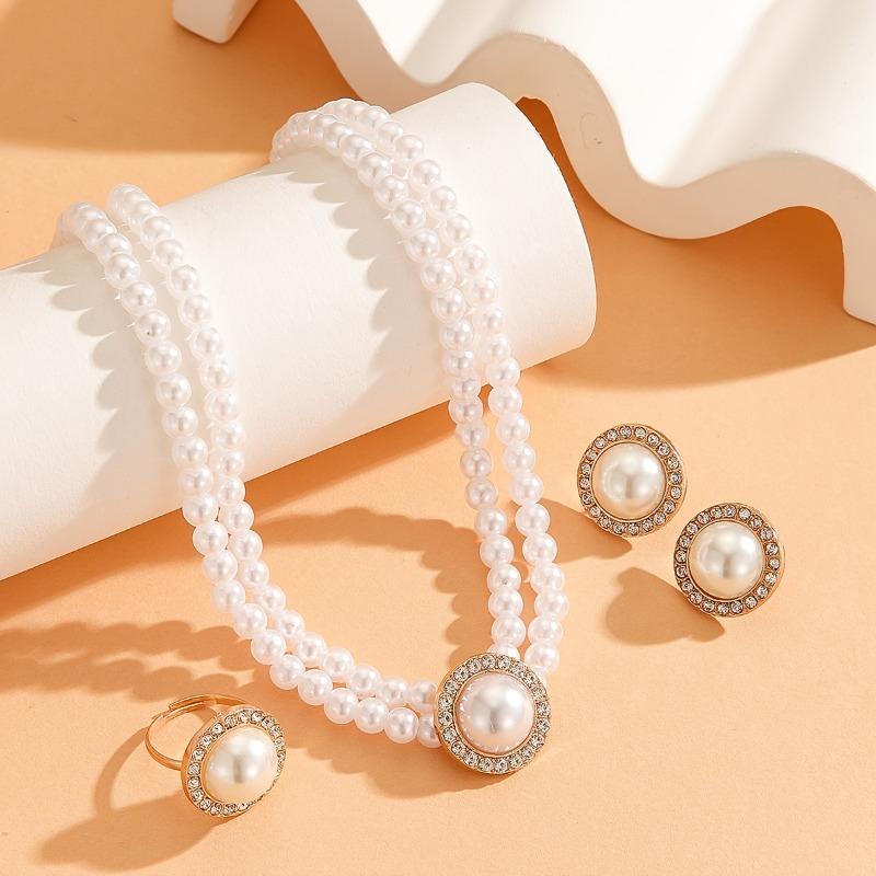 Retro Sada Náhrdelníku, Náušnic a Prstenu z Umělé Perly | Dámské Minimalistické Dvouvrstvé Trendy Šperky