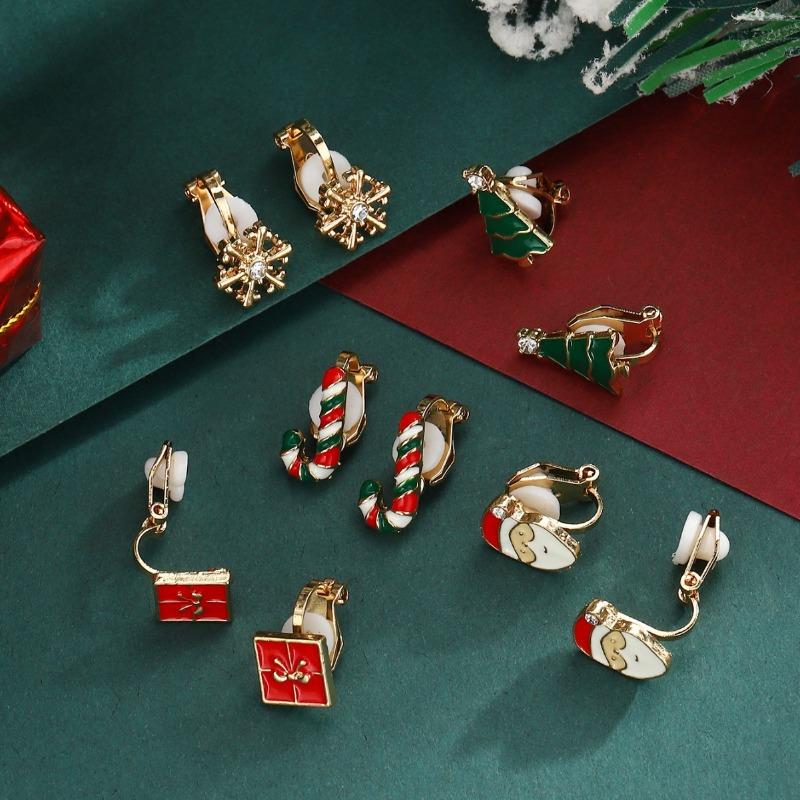 Hot-selling cute Santa Claus Christmas tree without ear piercings can be worn Christmas alloy ear clip set
