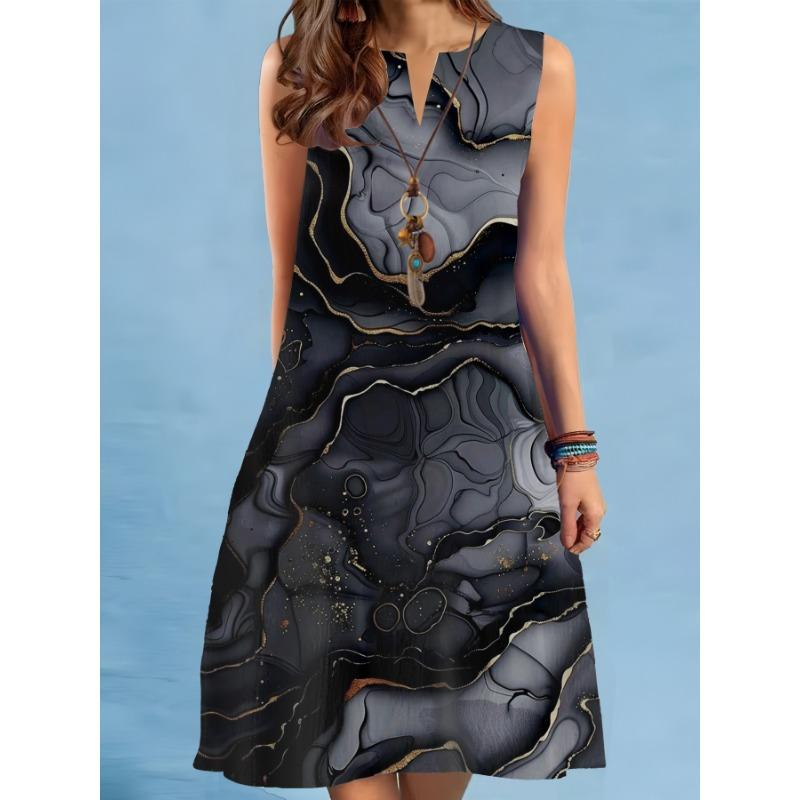 Summer Print A-Line Dress Women Casual Sexy Sleeveless V-neck Loose Mini Dress Elegant Landscape Oil Painting Dress Vestidos