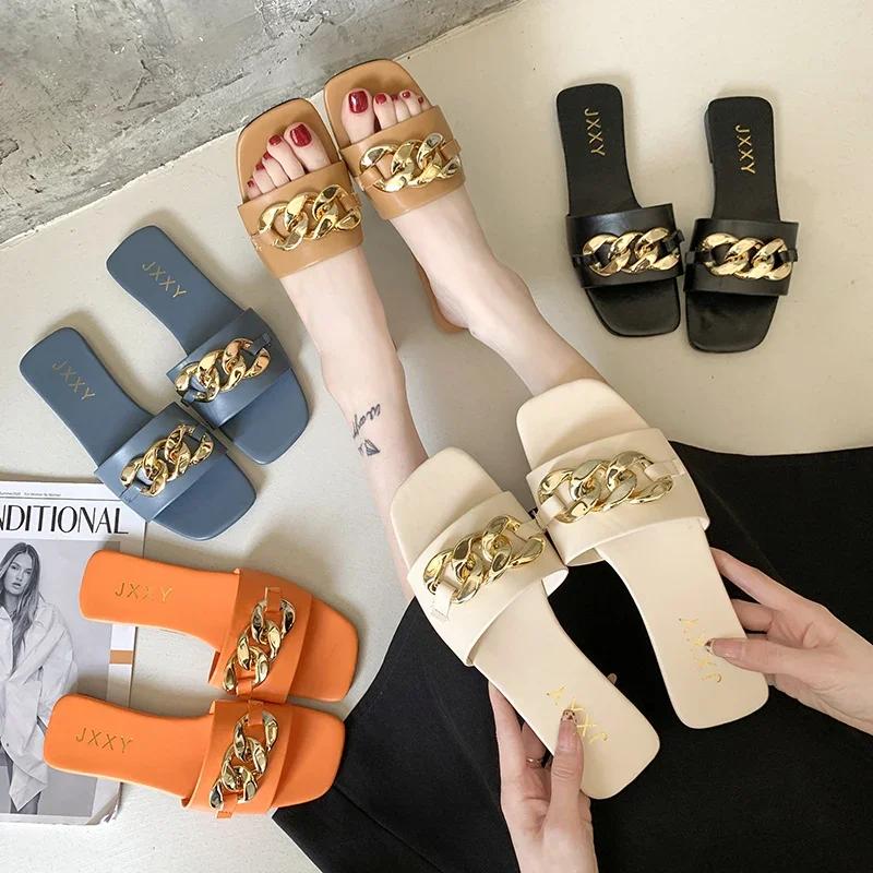 Fashion Wide Fit Slip-On Metal Chain Decor Slides For Women, Breathable Open-Toe Summer Casual Sandals With Adjustable Strap