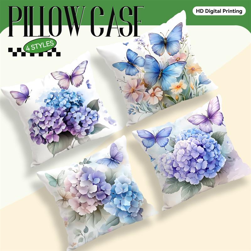 Home Decor Butterflies & Hydrangeas Floral-Printed Pillow Covers Pattern Cushion Cover Suitable for Sofa Bedroom Car Pillow