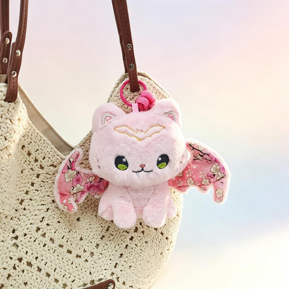 Cute Sakura Bat Cat Plush Keychain Kawaii Kitten with Wing Stuffed Toy Pendant Soft Fluffy Animal Doll Bag Charm for Girls Gift