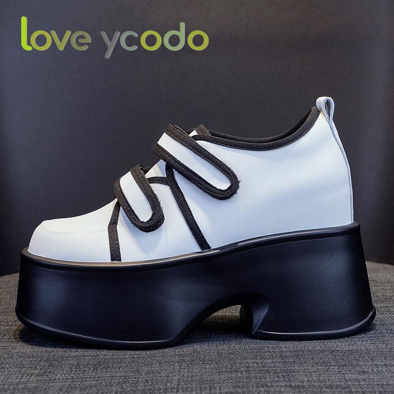 love ycodo Skórzane damskie buty na co dzień Bardzo grube 8 cm Proste wygodne wiosenne i jesienne buty studenckie