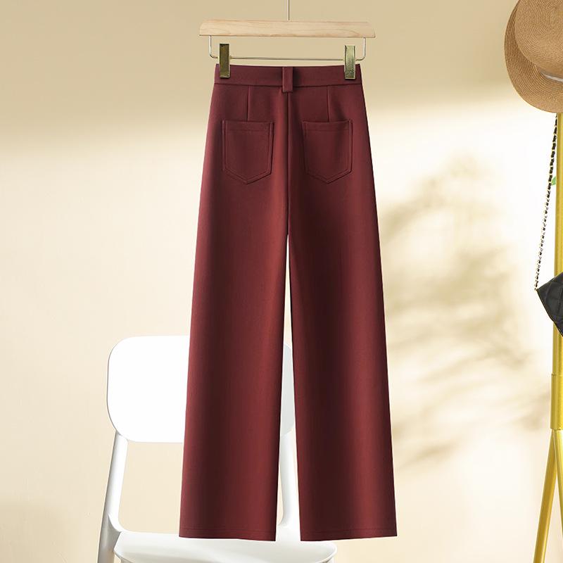 Ankola Dámské červené vlněné kalhoty se širokými nohavicemi s vysokým pasem a zeštíhlujícím efektem na podzim/zimu 2024