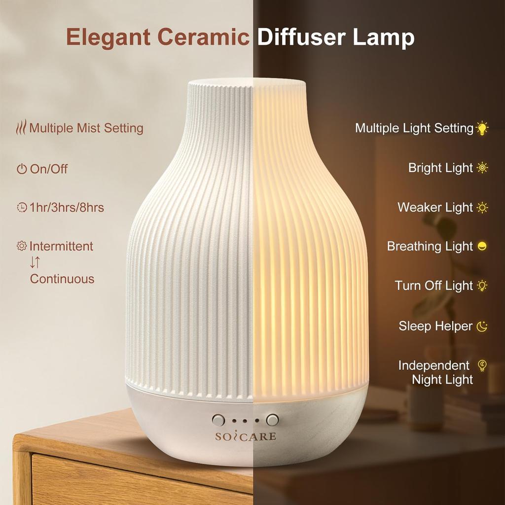 SOICARE Elegant Ceramic Diffuser for Essential Oils with Solid Wood Base,Stone Aromatherapy Essential Oil Diffusers for Home Office Room Decor Gift