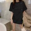 Cotton Short-sleeved Summer Heavy Industry Hot Diamond Medium and Long Loose and Thin Versatile Casual Top