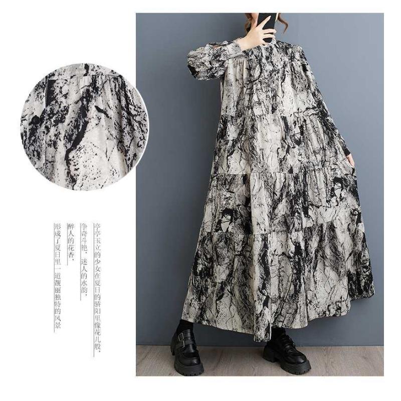 2025 Round Neck Long Sleeve Loose Skirt Women's Big Size Middle Aged Mom Dress