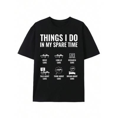 Camiseta de algodón puro con estampado 'Cosas que hago en mi tiempo libre' para hombre, cuello redondo, manga corta, estilo regular, color blanco y negro